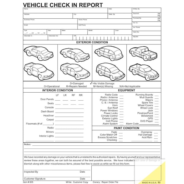 Asp Vehicle Check In Report, 8 1/2" X 11" - 2 Part, 100 Per Pack Pk 605 - main